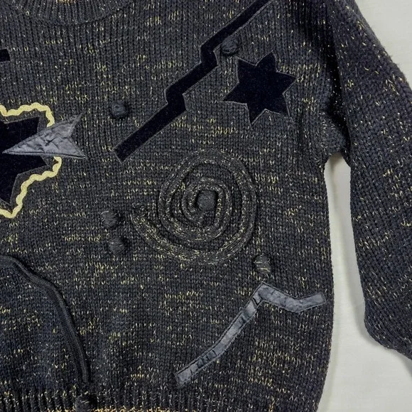 Vintage 80s Celestial Gold Sparkle Star Velvet Patch Mock Neck Sweater Womens L‎ - Picture 5 of 16